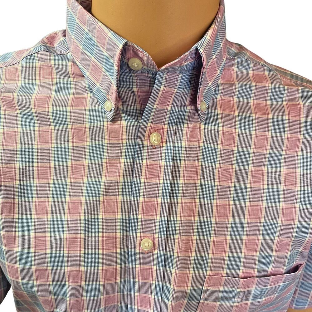 IZOD Dress Shirt Men Small Short Sleeve Button Down Plaid Rose Stretch (N14)